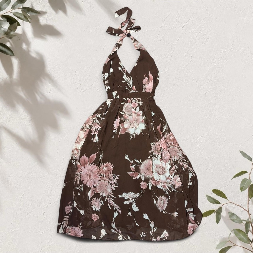 I.N. San Francisco Brown Floral Halter Mini Dress Y2K Boho Fairycore Size 13